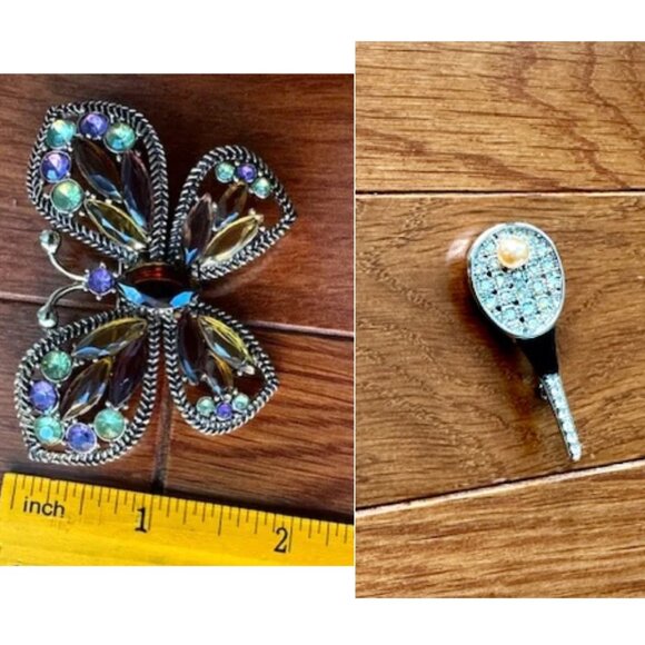 Crystal Butterfly & Tennis Racket w/ Pearl Brooch (both for $8) - Picture 1 of 8
